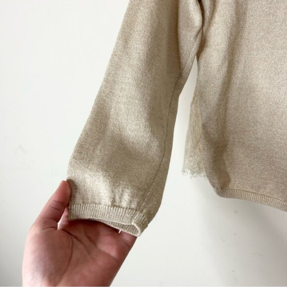 Anthropologie Knitted & Knotted Afterword Cardigan Sweater Beige Metallic Lace - Picture 10 of 16